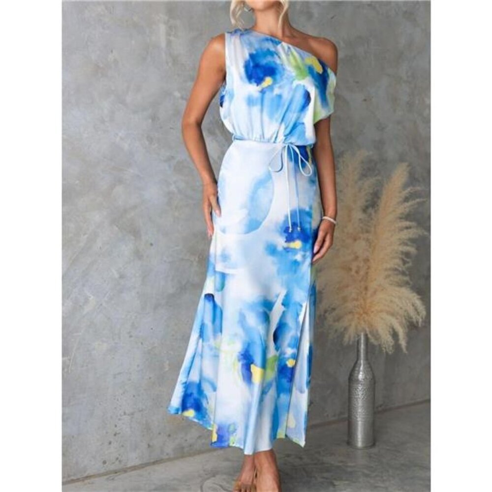 One Shoulder Printed Dress with Slit